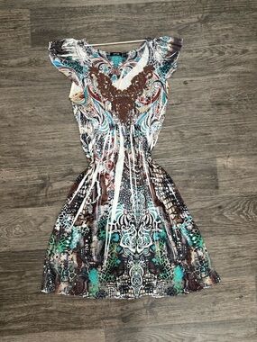 Y2K Apt. 9 Teal, Brown & Cream Printed V-Neck Sundress
